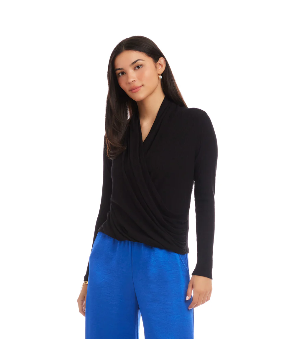 Long Sleeve Ribbed Drape Front Crossover Top - Image 2