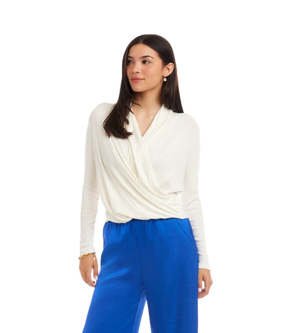 Long Sleeve Ribbed Drape Front Crossover Top - Image 2