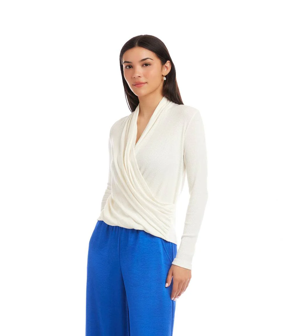 Long Sleeve Ribbed Drape Front Crossover Top - Image 3