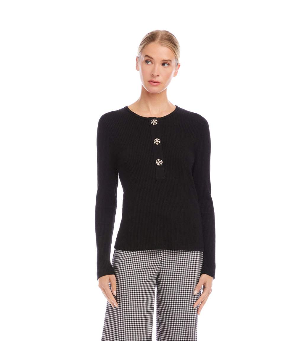 Long Sleeve Ribbed Flower Button Detail Top - Image 2