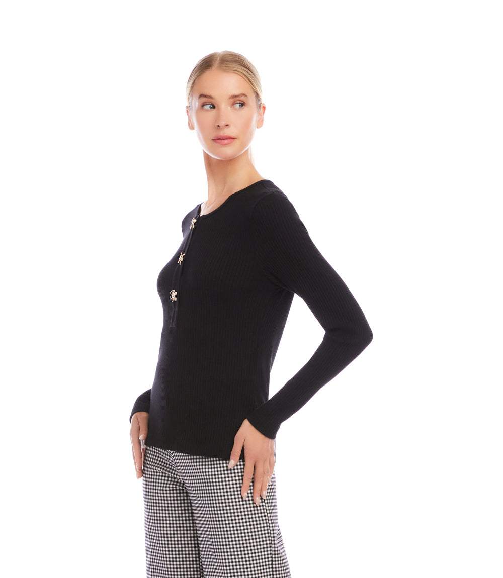 Long Sleeve Ribbed Flower Button Detail Top - Image 3