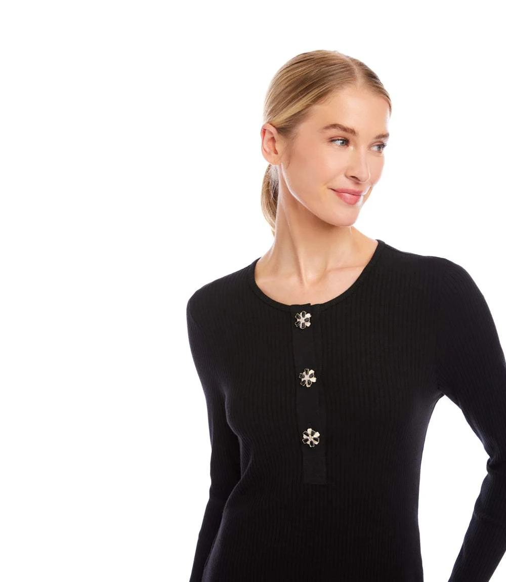 Long Sleeve Ribbed Flower Button Detail Top - Image 5