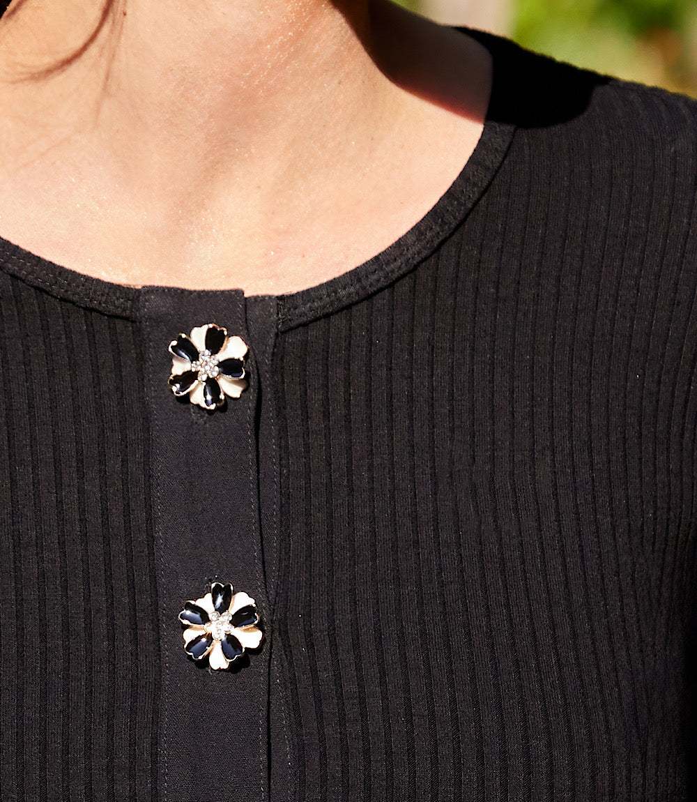 Long Sleeve Ribbed Flower Button Detail Top - Image 6