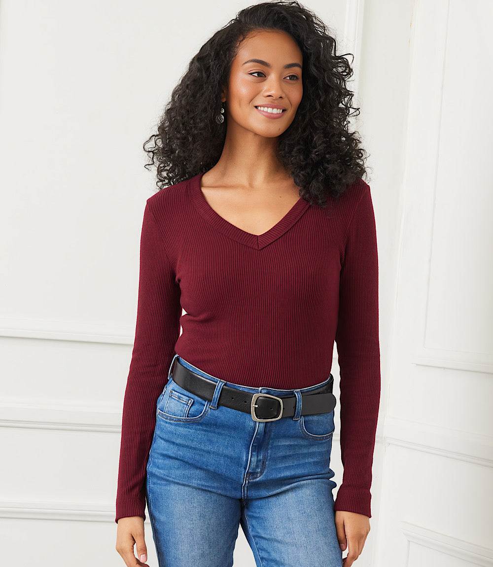 Long Sleeve Ribbed V-Neck Top - Image 6