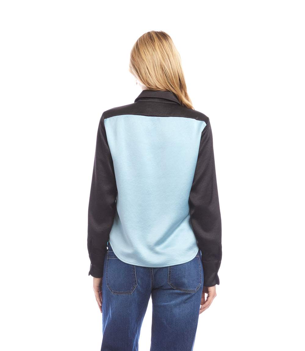 Long Sleeve Satin Colorblock Shirt - Image 6