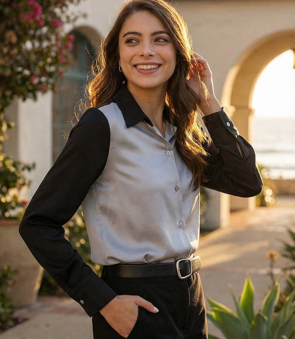 Long Sleeve Satin Colorblock Shirt - Image 2