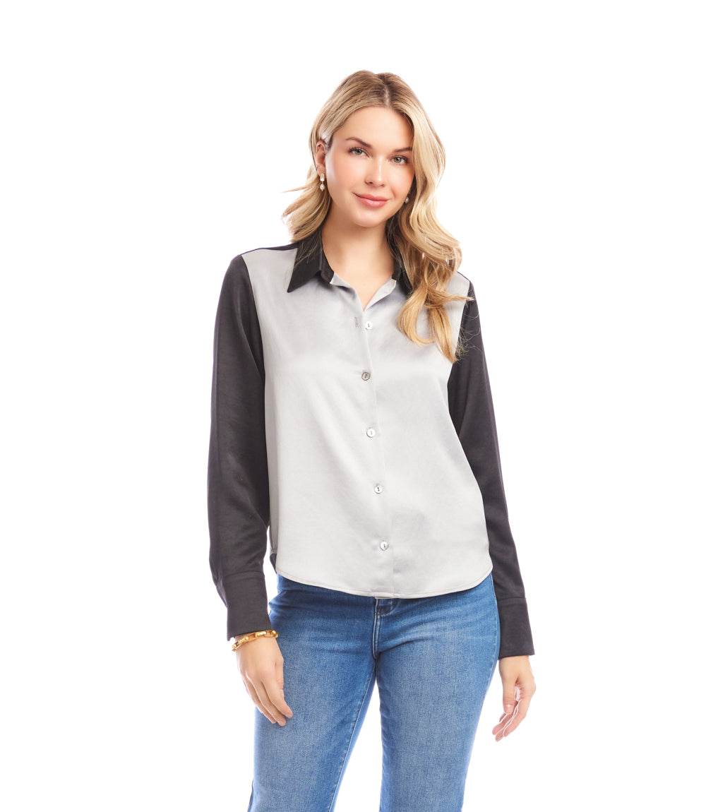 Long Sleeve Satin Colorblock Shirt - Image 3