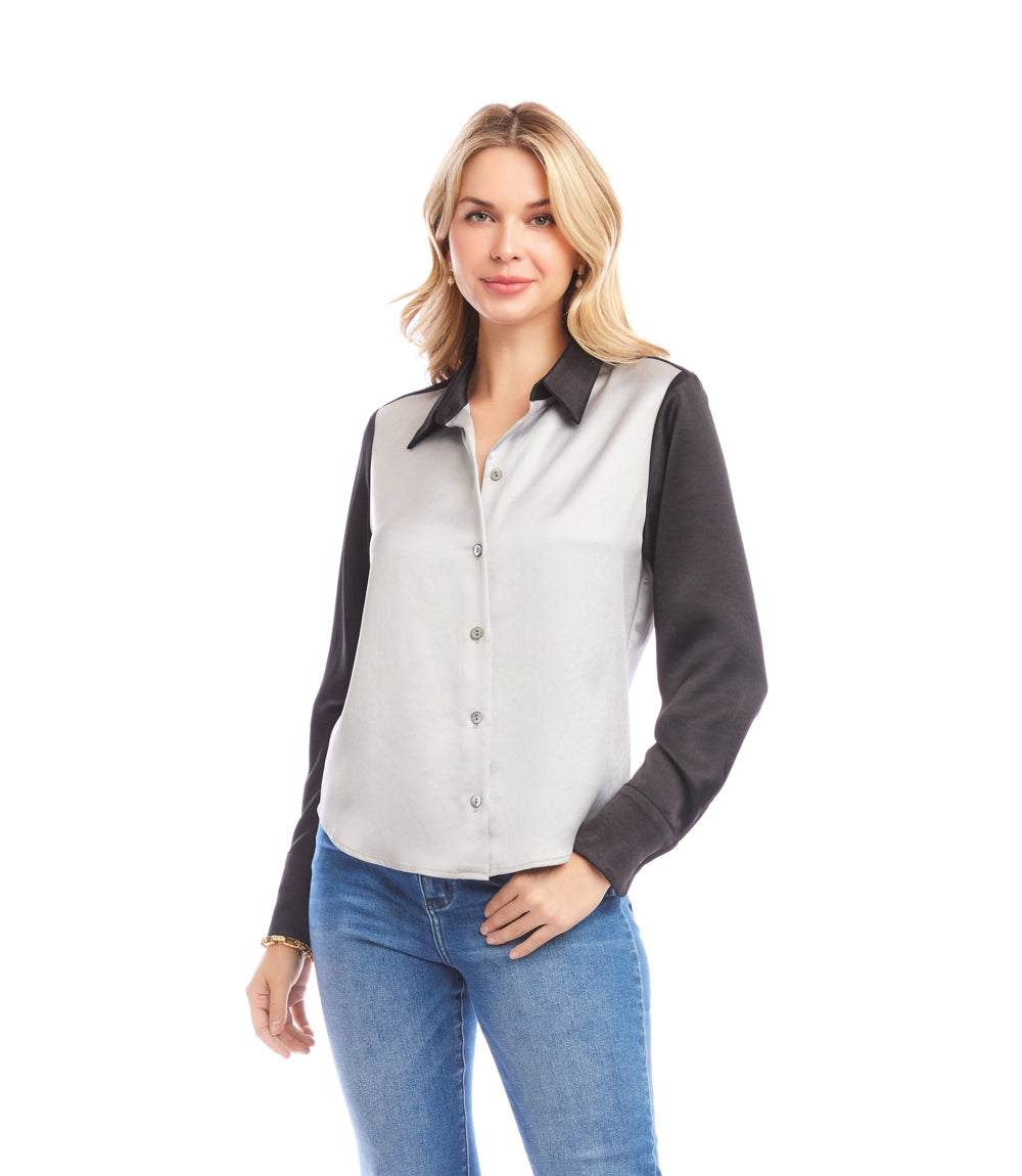 Long Sleeve Satin Colorblock Shirt - Image 4