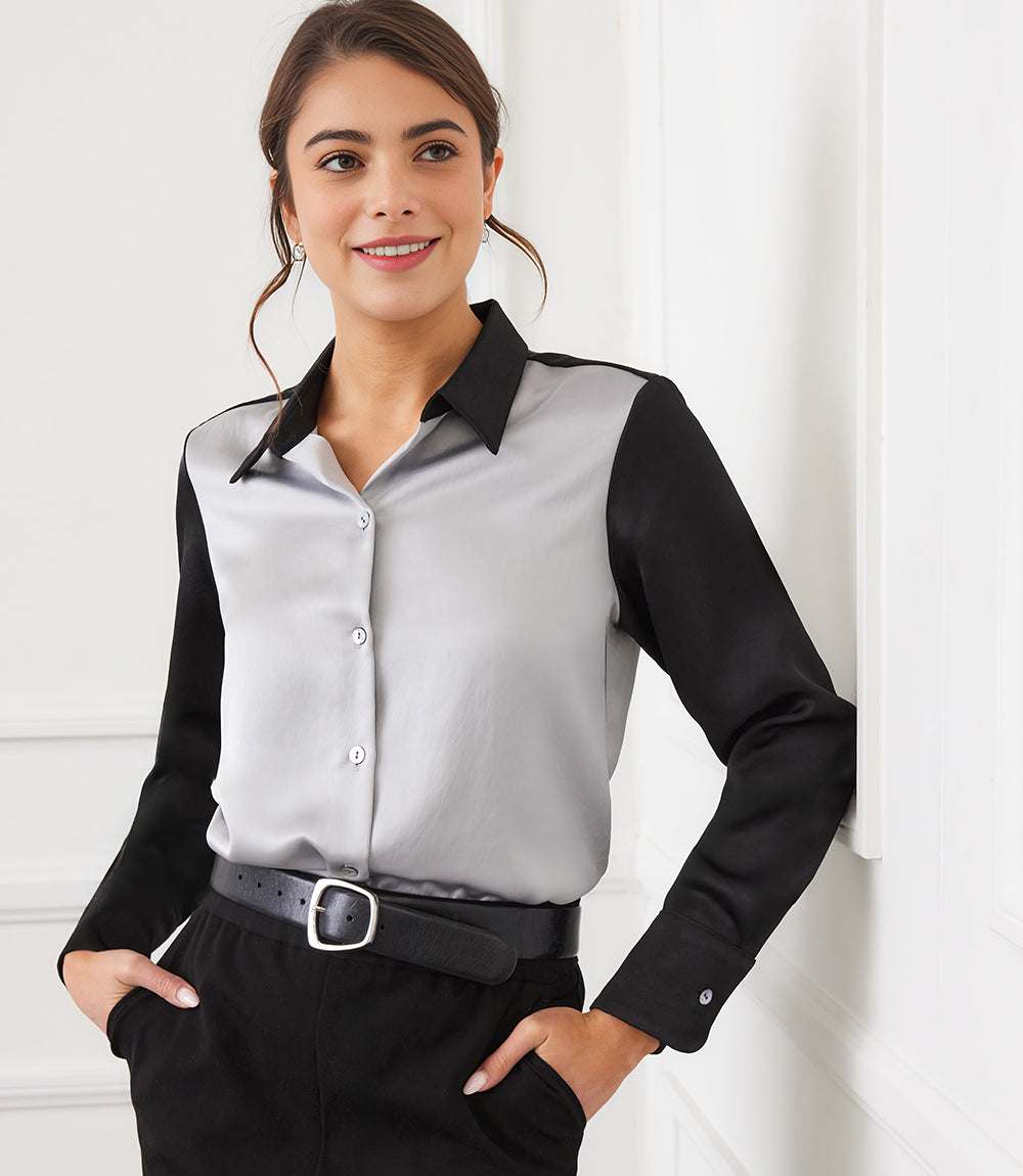 Long Sleeve Satin Colorblock Shirt - Image 6