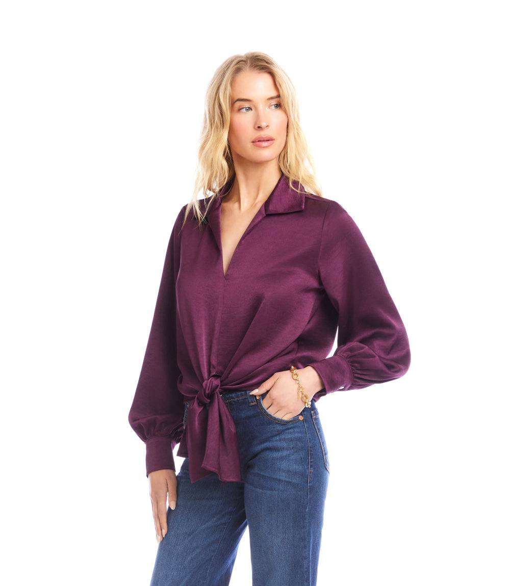 Long Sleeve Satin Tie-Front Top - Image 2