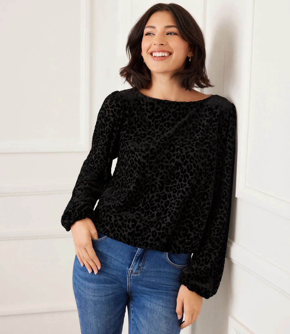 Petite Size Blouson Sleeve Velvet Burnout Boatneck Top