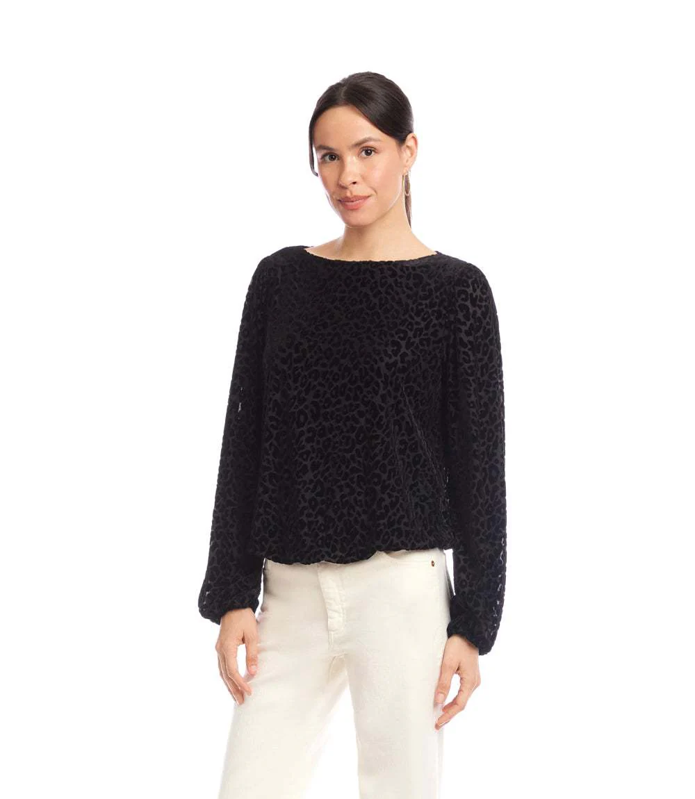 Petite Size Blouson Sleeve Velvet Burnout Boatneck Top - Image 3