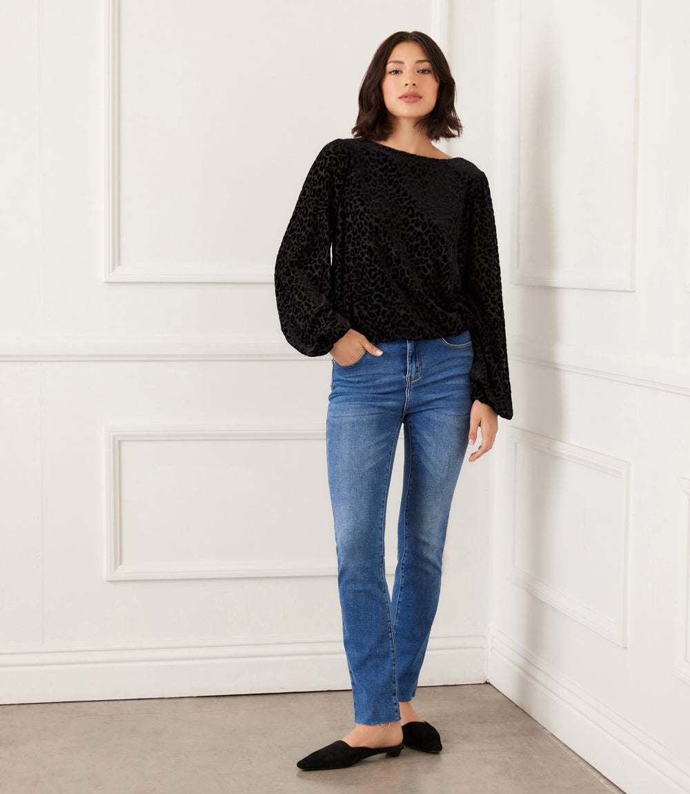 Petite Size Blouson Sleeve Velvet Burnout Boatneck Top - Image 6