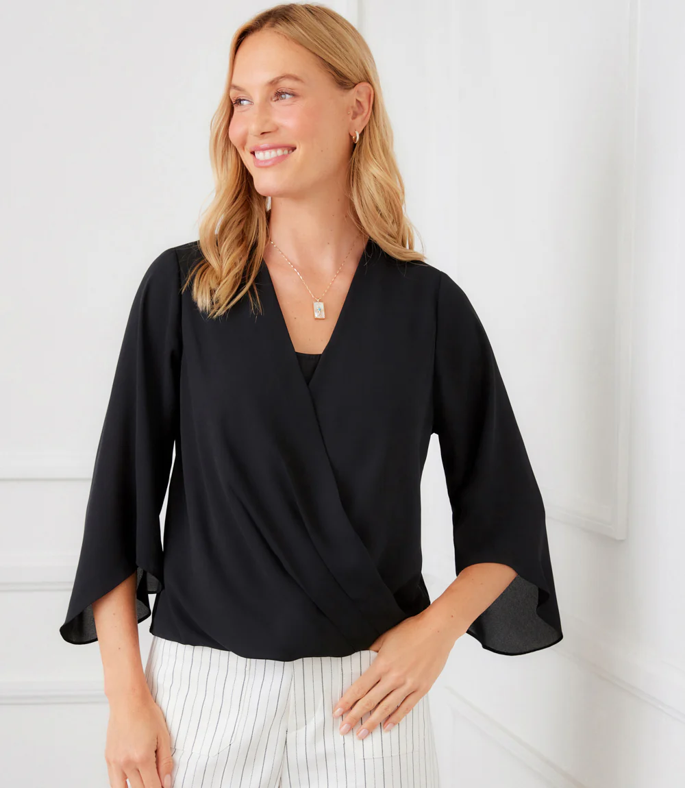 Petite Size Bracelet Sleeve Drape Front Crossover Top - Image 5
