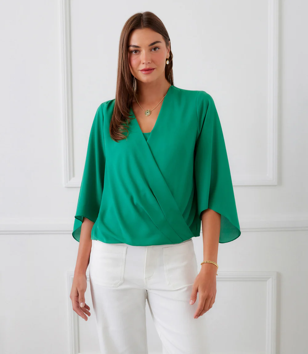 Petite Size Bracelet Sleeve Drape Front Crossover Top