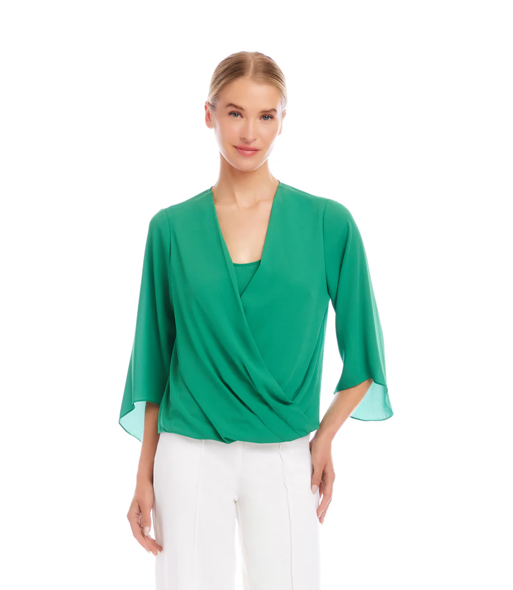 Petite Size Bracelet Sleeve Drape Front Crossover Top - Image 2