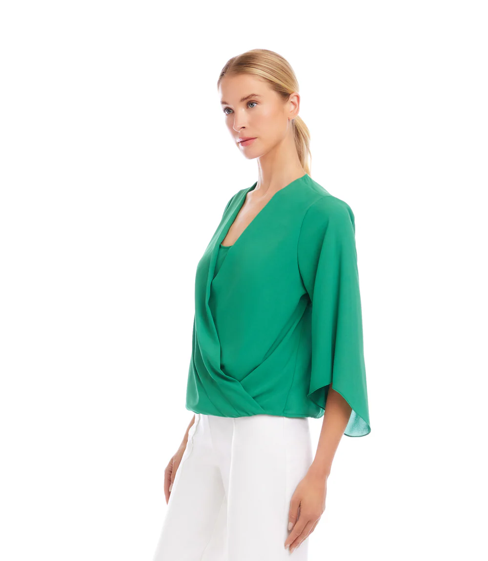 Petite Size Bracelet Sleeve Drape Front Crossover Top - Image 3