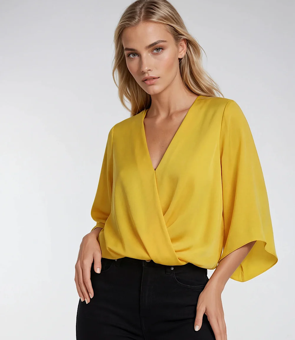 Petite Size Bracelet Sleeve Drape Front Crossover Top - Image 5