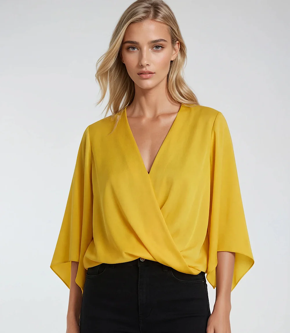 Petite Size Bracelet Sleeve Drape Front Crossover Top - Image 7