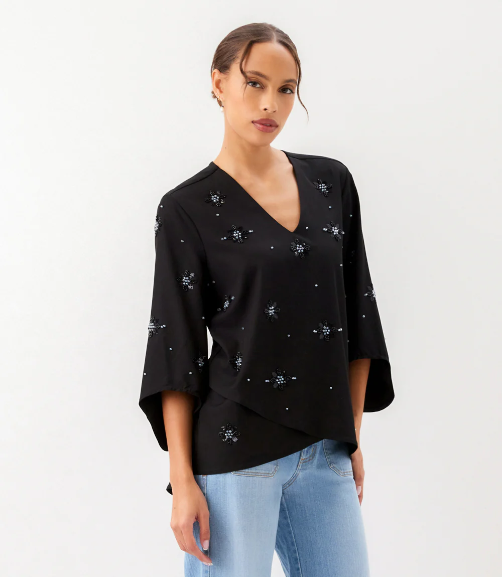 Petite Size Bracelet Sleeve Embellished Asymmetric Top - Image 5