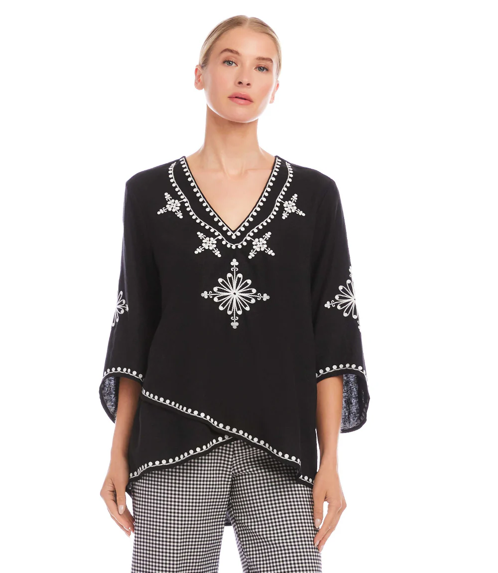 Petite Size Bracelet Sleeve Embroidered Asymmetric Top - Image 2