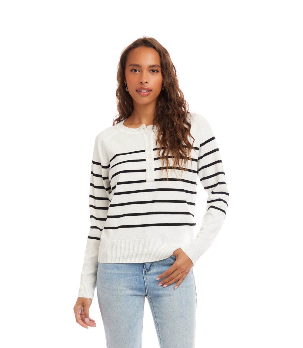 Petite Size Henley Stripe Sweater - Image 2