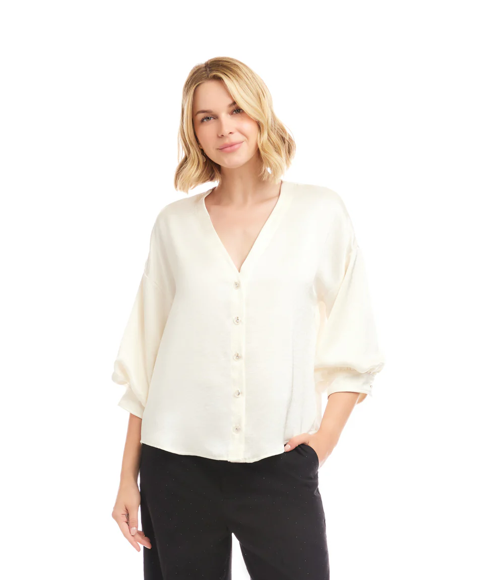 Petite Size Lantern Sleeve Crystal Rhinestone Button Satin Top - Image 2