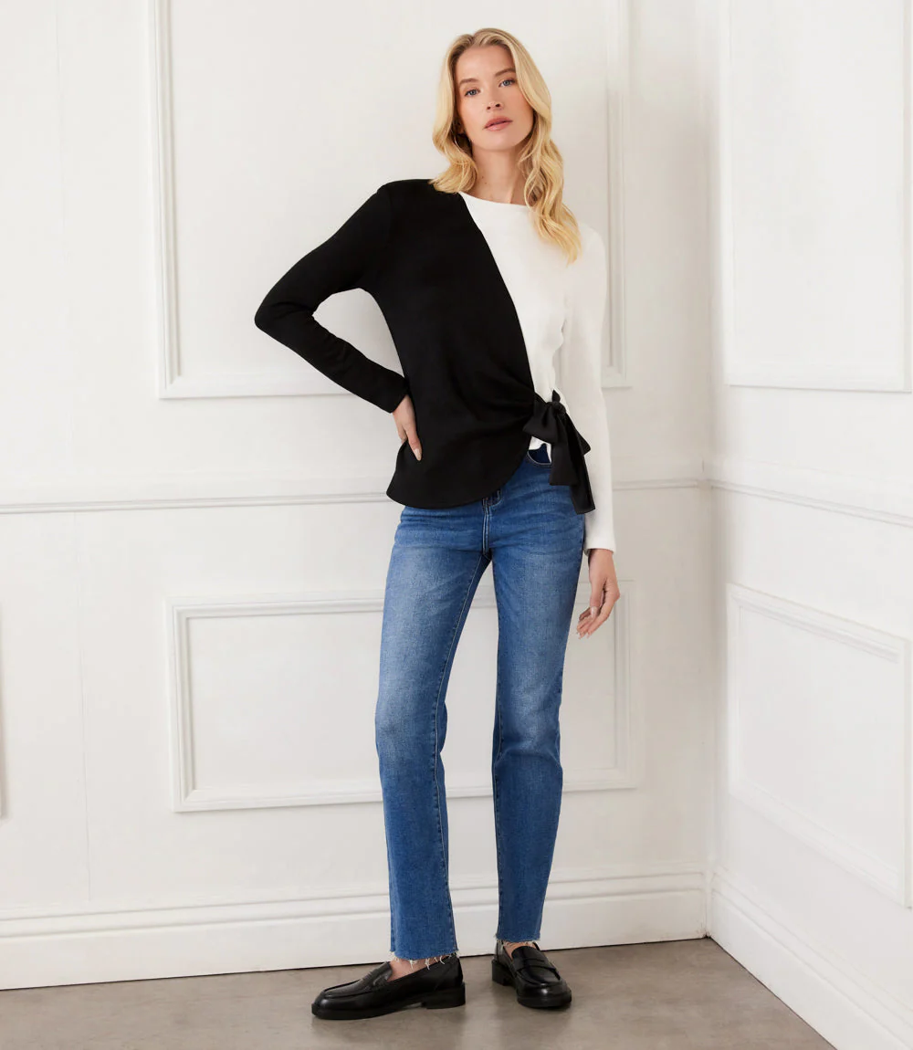 Petite Size Long Sleeve Colorblock Satin Bow Top