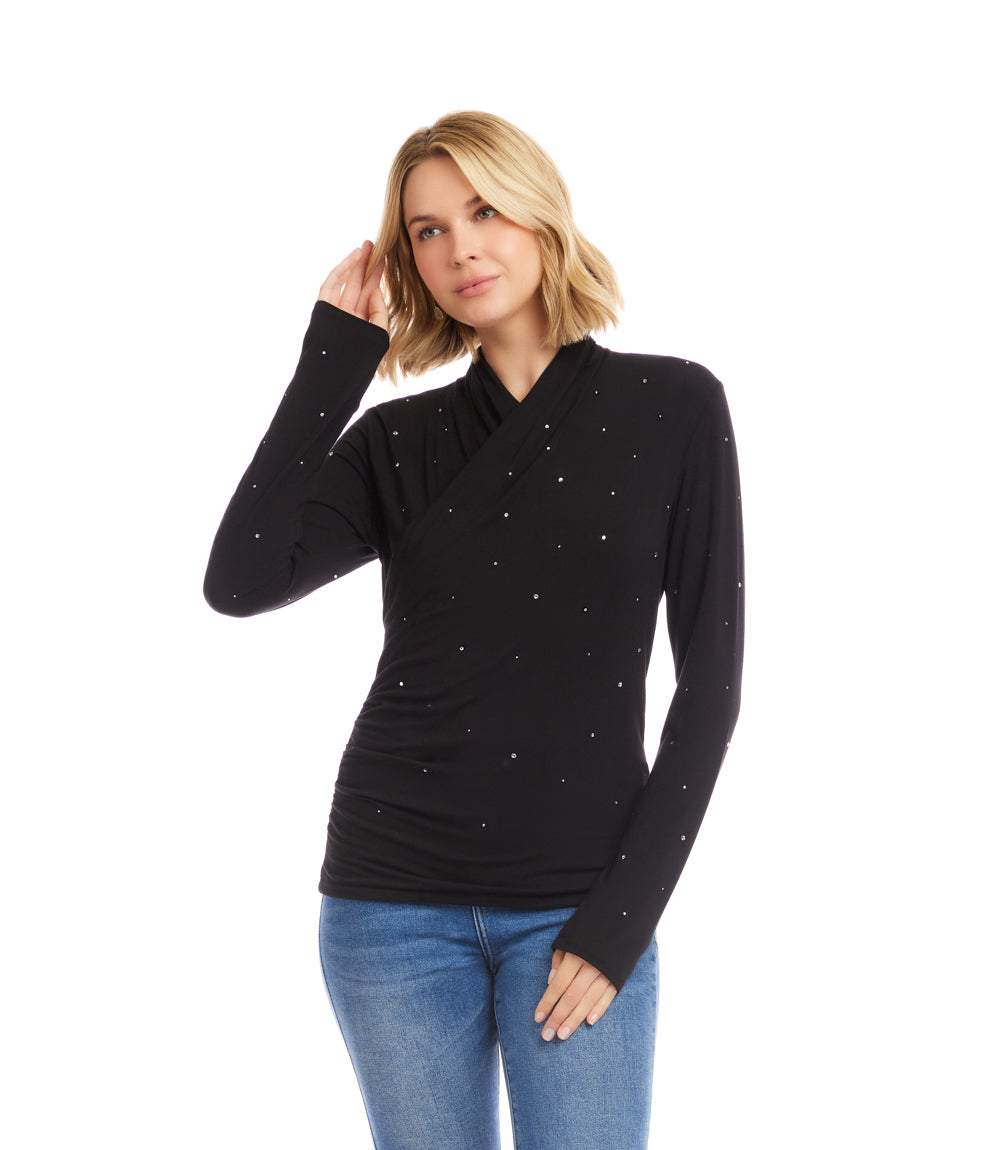 Petite Size Long Sleeve Embellished Drape Front Crossover Top - Image 3
