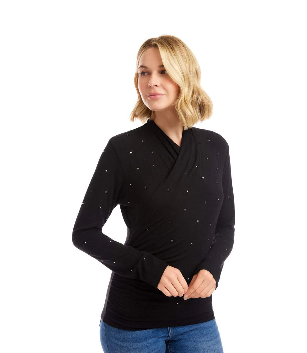 Petite Size Long Sleeve Embellished Drape Front Crossover Top - Image 5