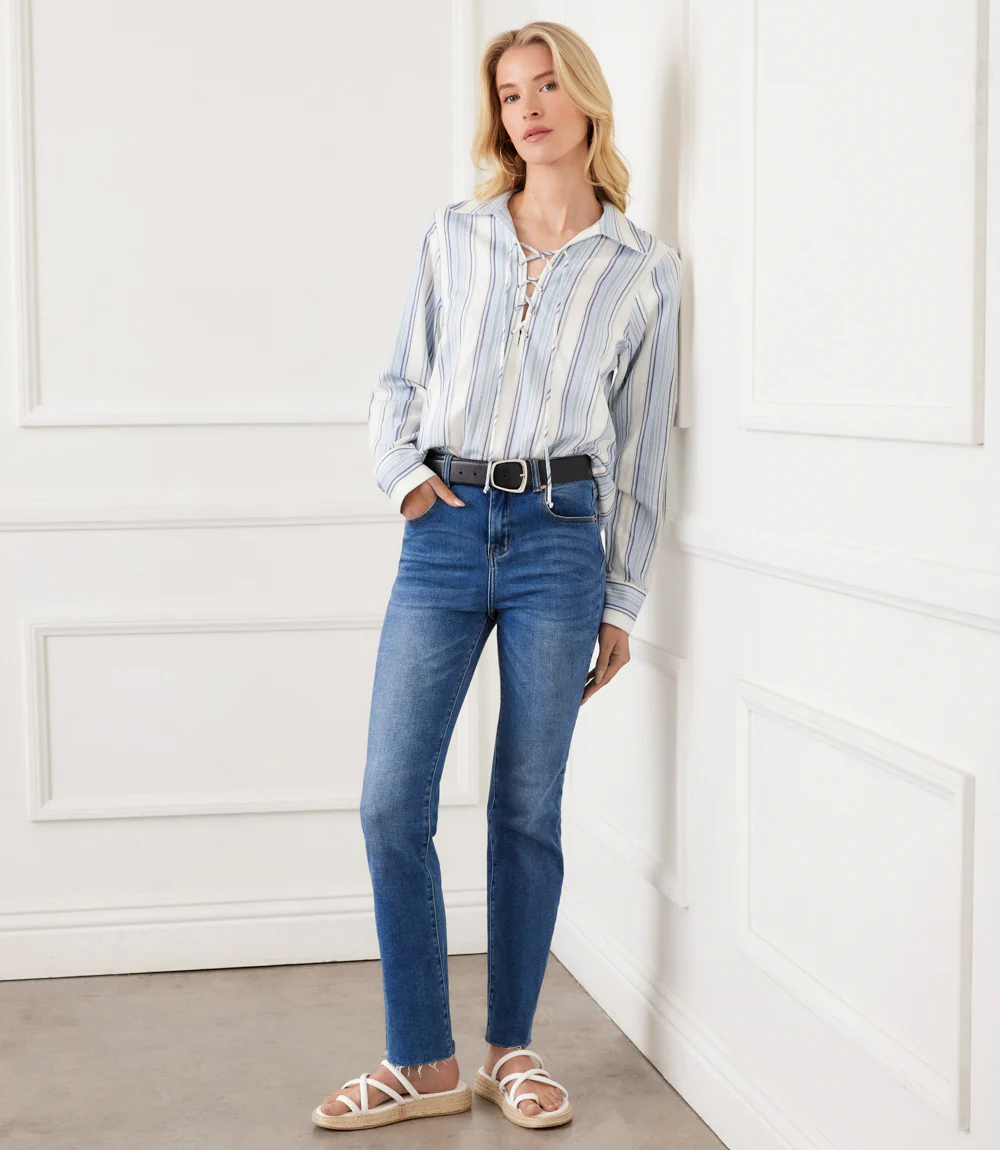 Petite Size Long Sleeve Eyelet Lace Up Top