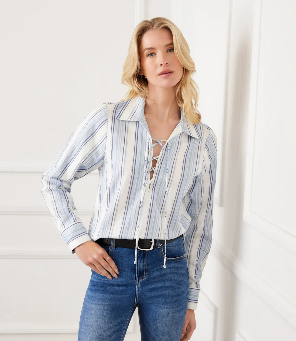 Petite Size Long Sleeve Eyelet Lace Up Top - Image 5