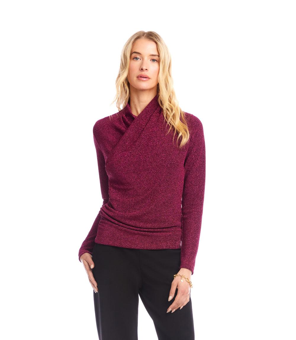 Petite Size Long Sleeve Metallic Crossover Side-Shirred Top - Image 2