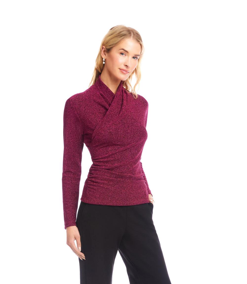 Petite Size Long Sleeve Metallic Crossover Side-Shirred Top - Image 3