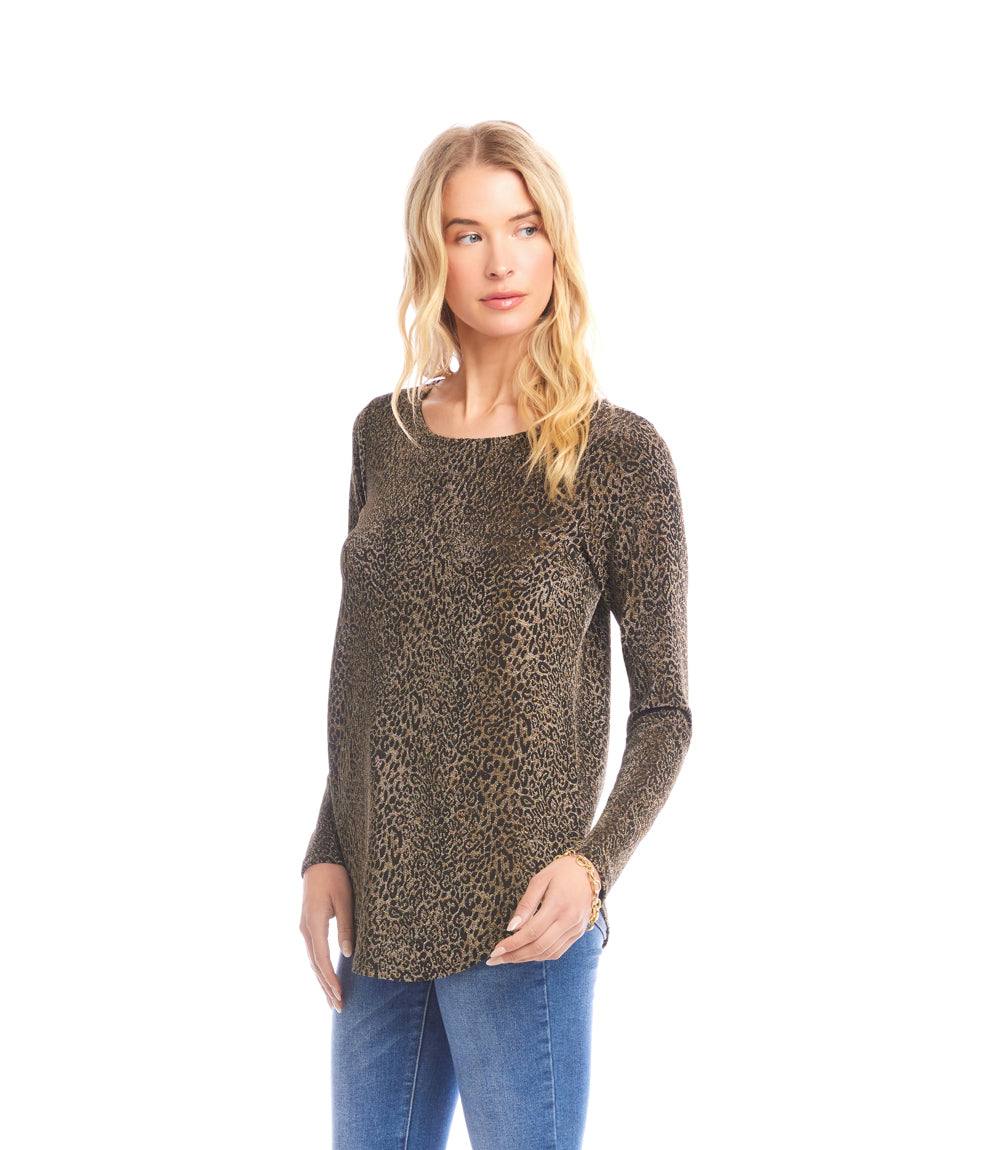 Petite Size Long Sleeve Metallic Knit Shirttail Top - Image 3