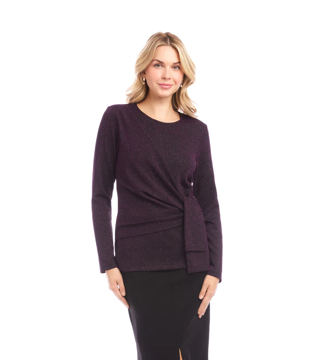 Petite Size Long Sleeve Metallic Knit Side-Tie Top - Image 2