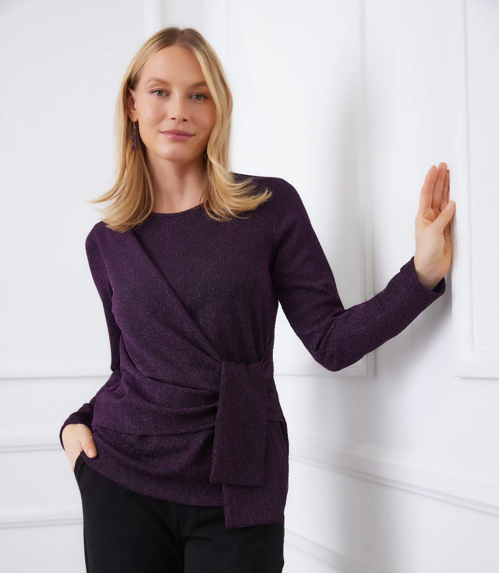 Petite Size Long Sleeve Metallic Knit Side-Tie Top - Image 6