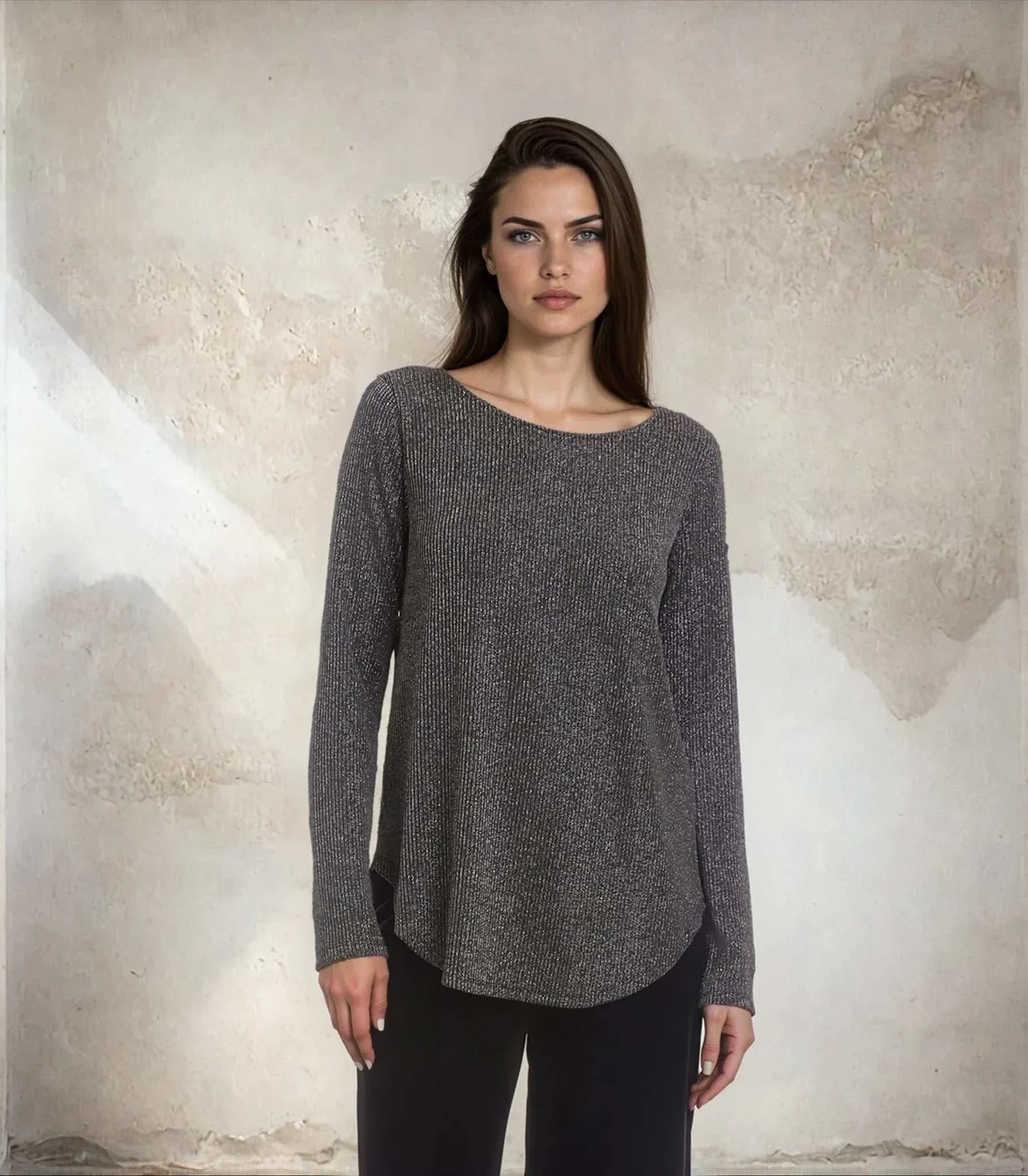 Petite Size Long Sleeve Metallic Stripe Shirttail Top - Image 3