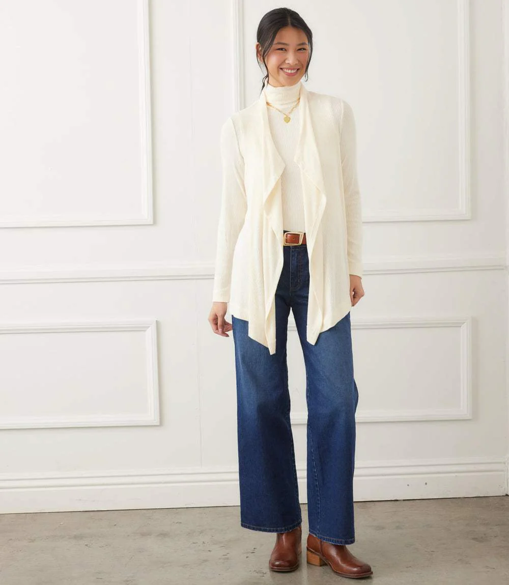 Petite Size Long Sleeve Ribbed Drape Front Cardigan - Image 6