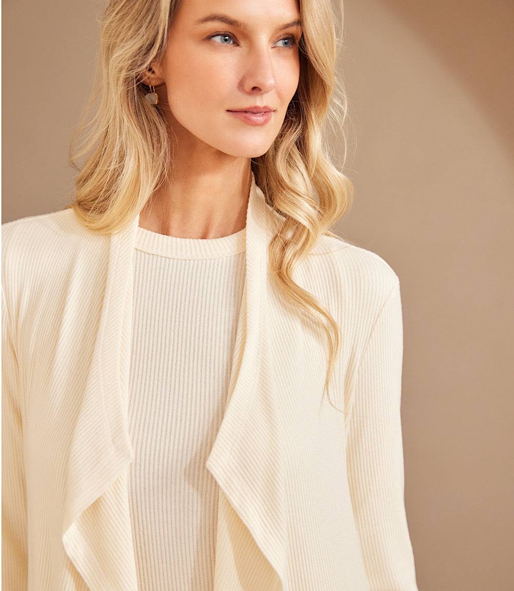Petite Size Long Sleeve Ribbed Drape Front Cardigan - Image 7
