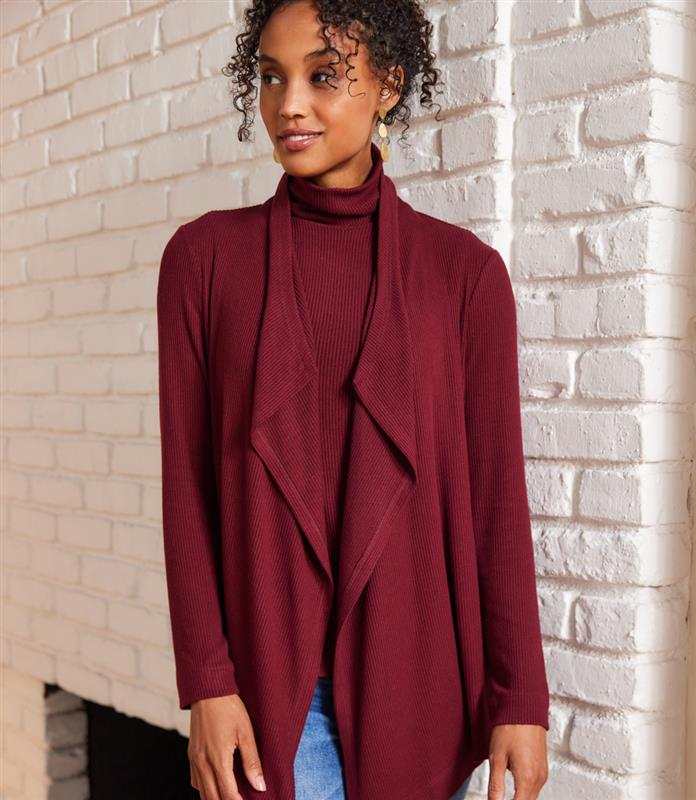 Petite Size Long Sleeve Ribbed Drape Front Cardigan - Image 3