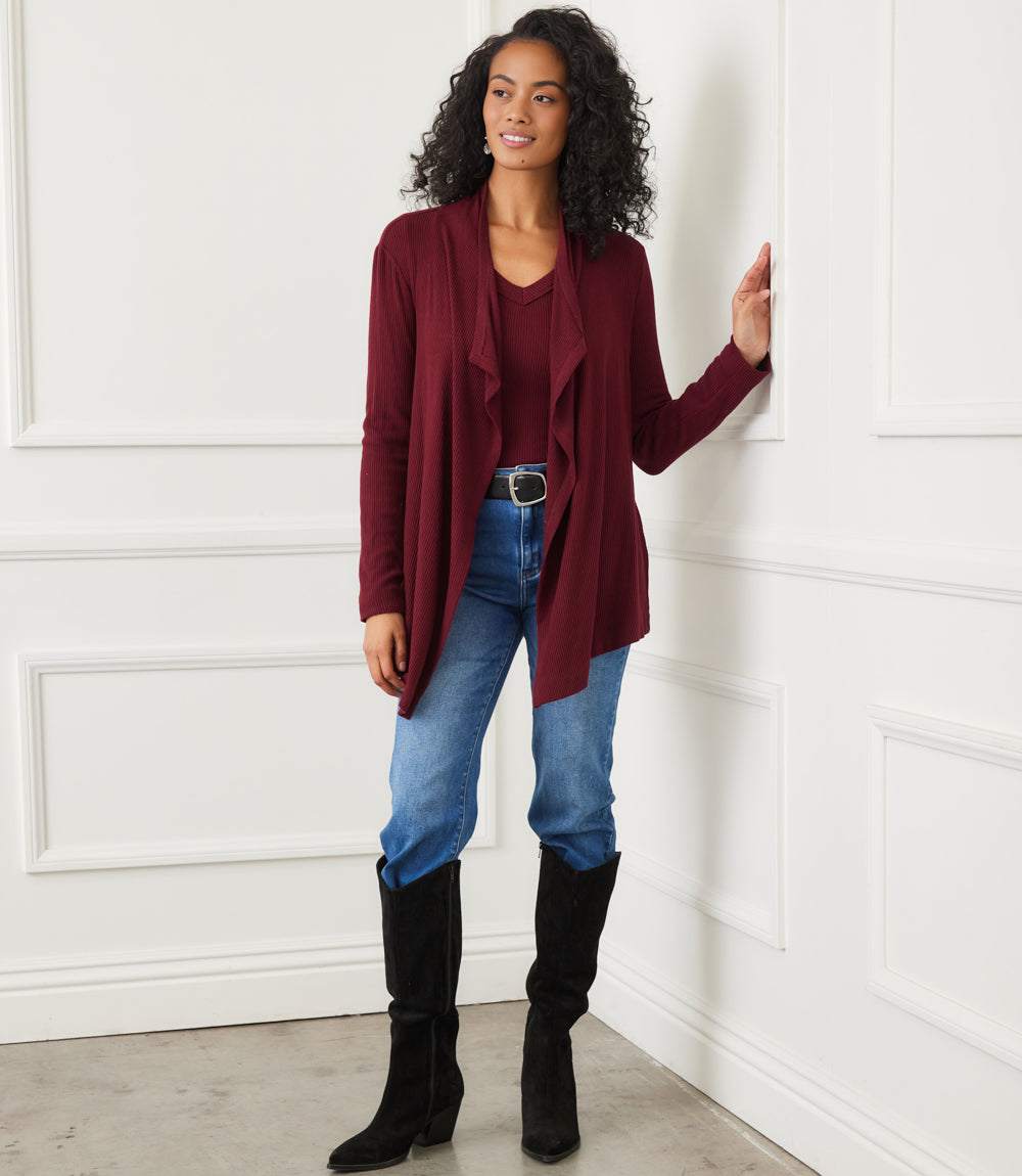Long Sleeve Ribbed Drape Front Cardigan - Image 6