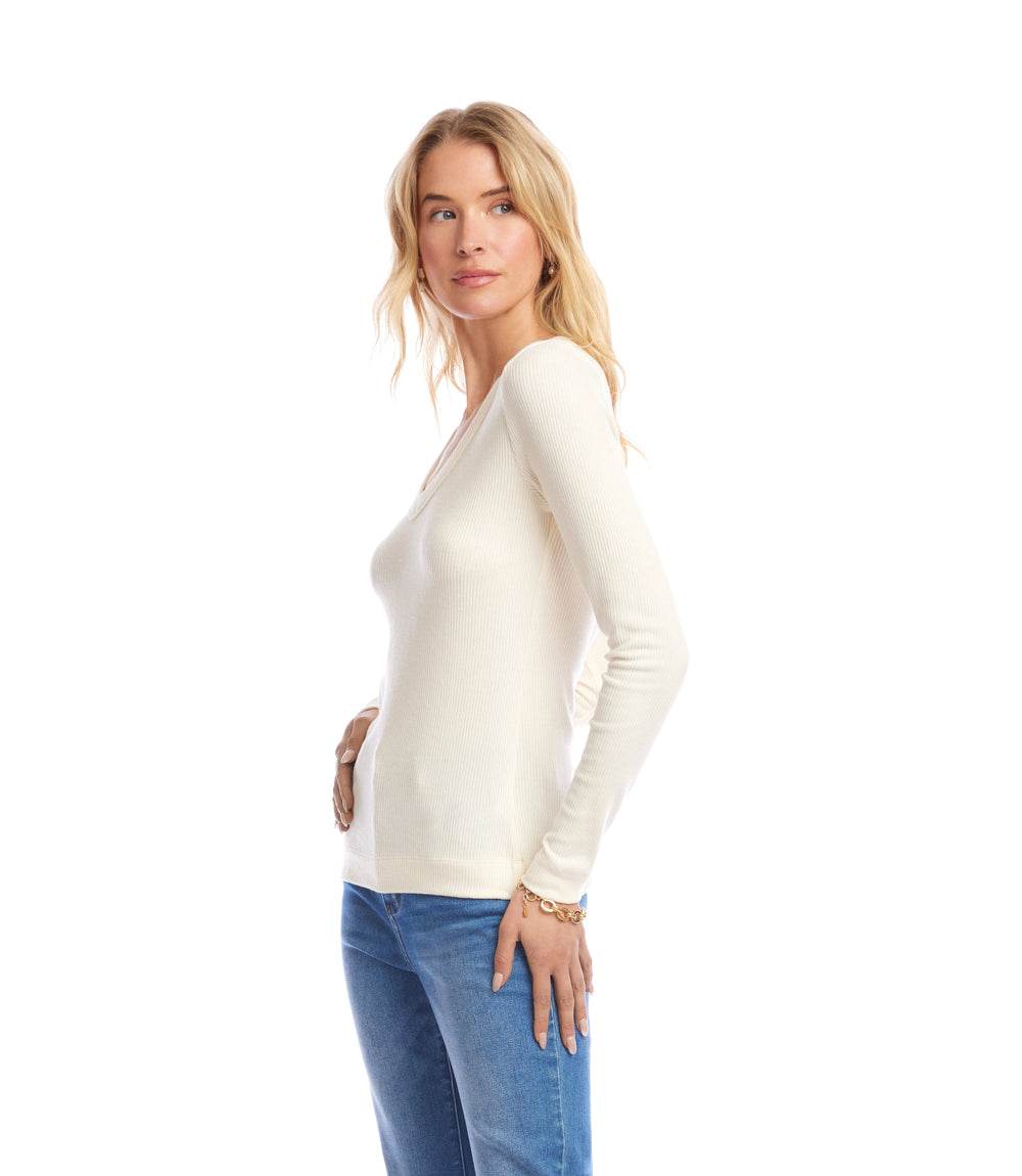 Petite Size Long Sleeve Ribbed V-Neck Top - Image 3