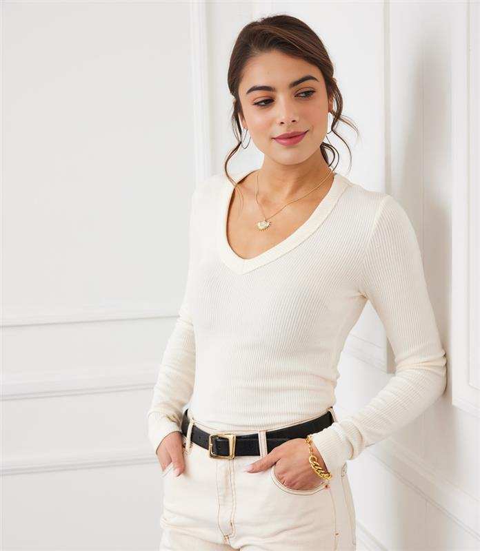 Petite Size Long Sleeve Ribbed V-Neck Top - Image 5