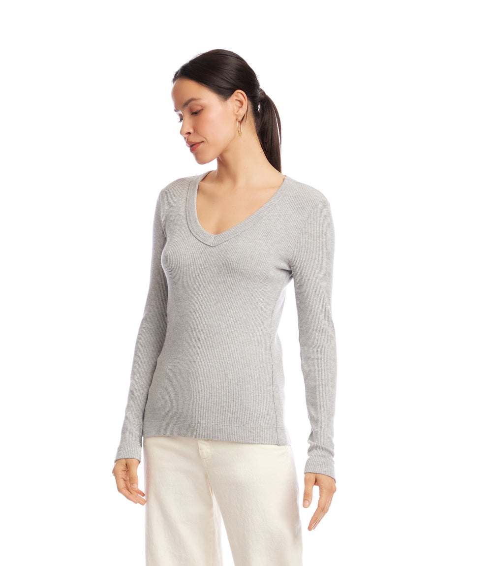 Petite Size Long Sleeve Ribbed V-Neck Top - Image 3