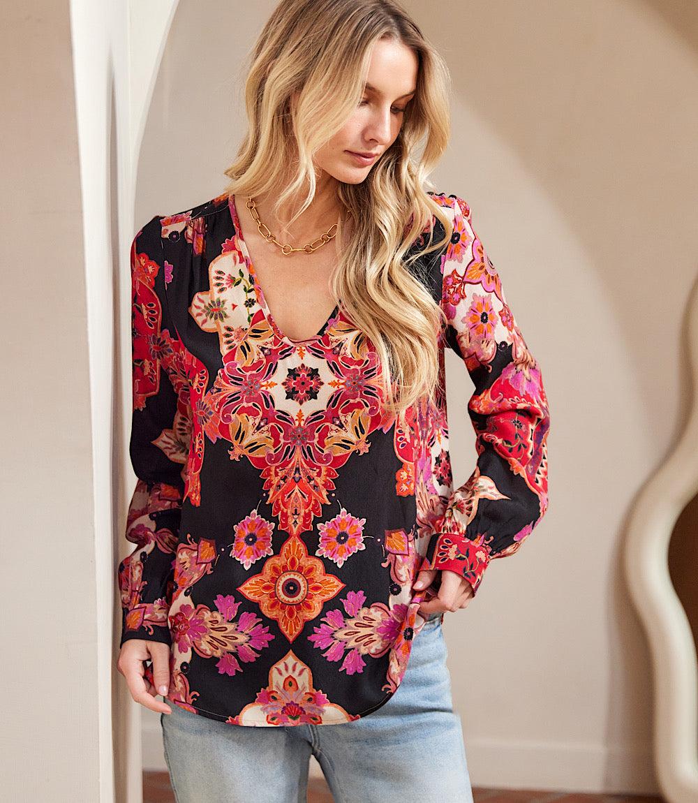 Petite Size Long Sleeve Shirred Blouse