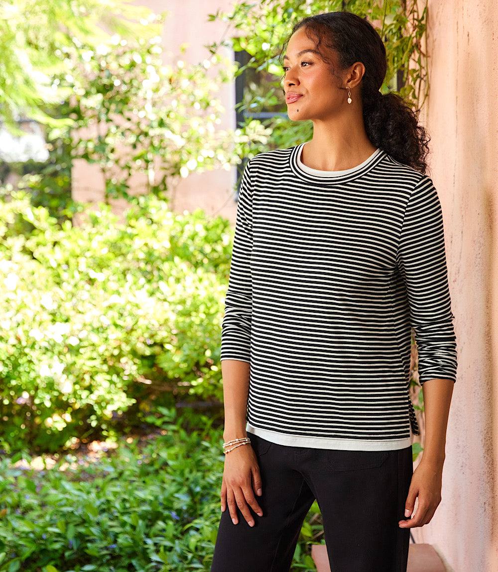 Long Sleeve Stripe Double Layer Side-Slit Top - Image 6