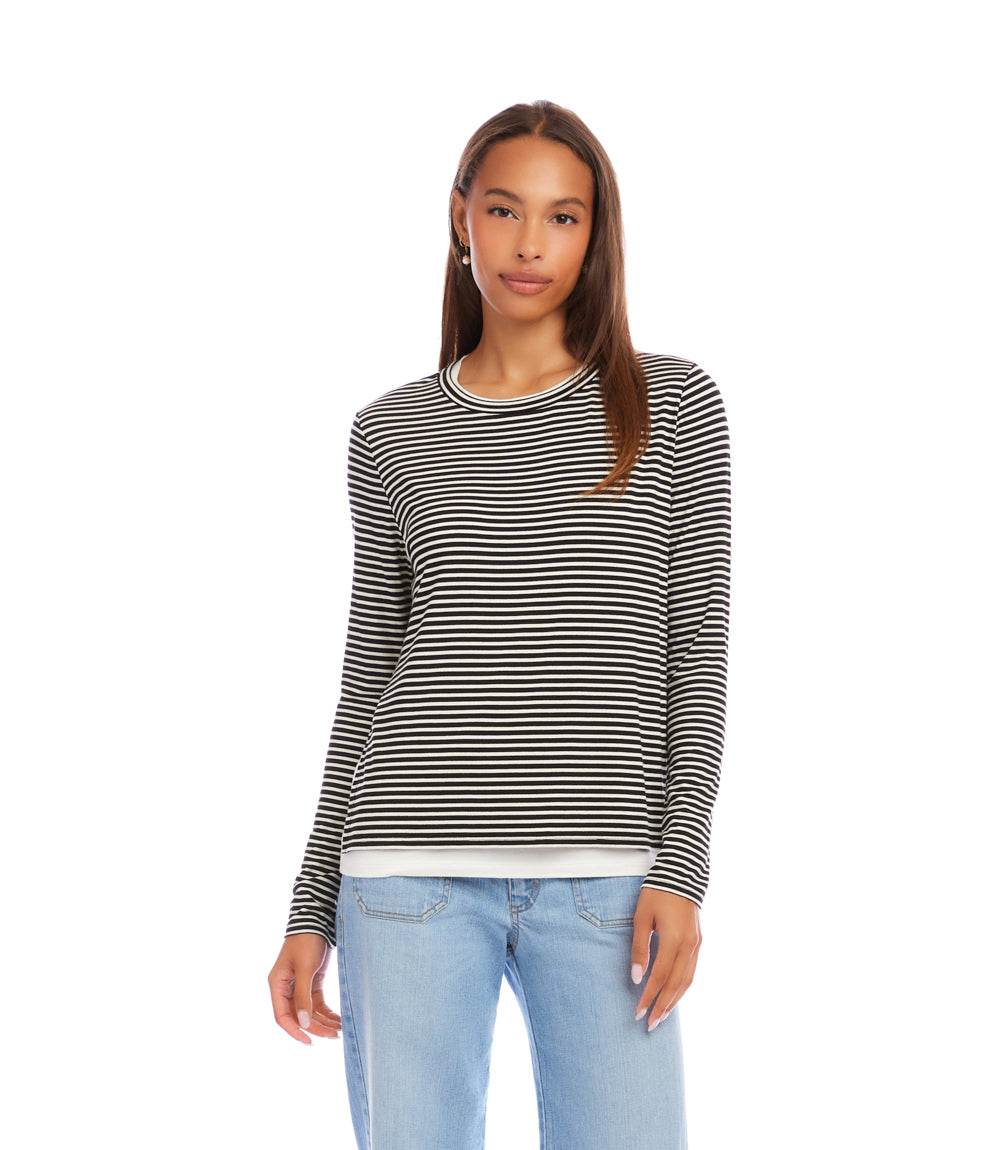 Long Sleeve Stripe Double Layer Side-Slit Top - Image 3