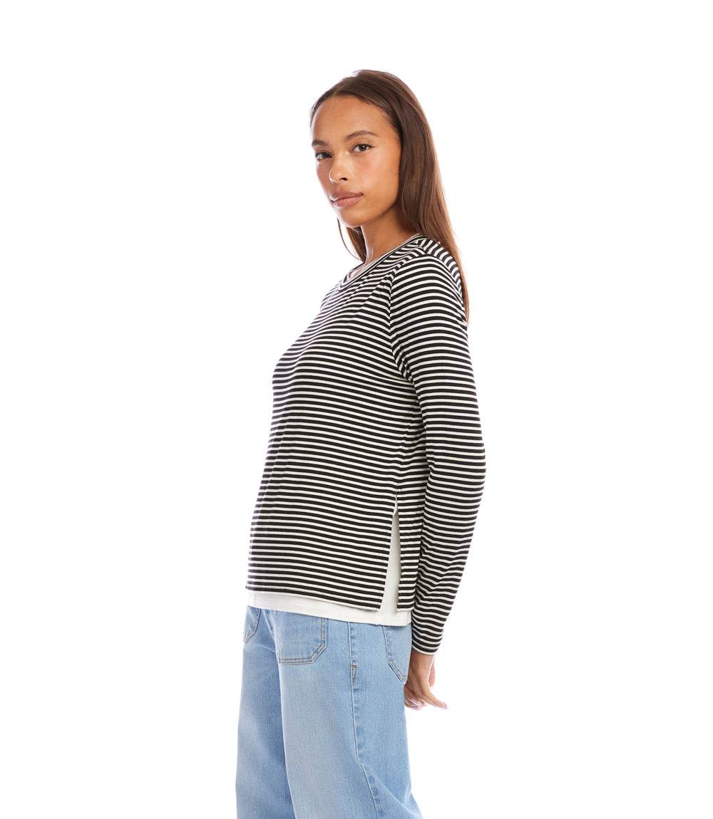 Long Sleeve Stripe Double Layer Side-Slit Top - Image 4