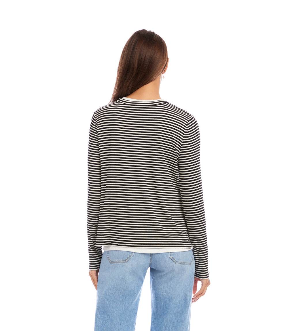 Long Sleeve Stripe Double Layer Side-Slit Top - Image 5
